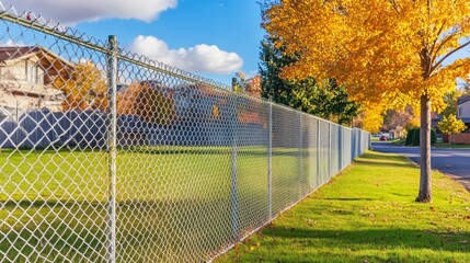 Fototapeta premium Chain link fence beside autumnal trees.