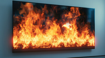 A large television mounted on a white wall with fire burning around it.