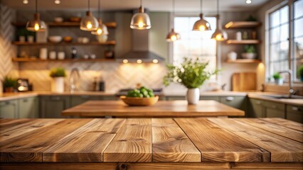 Aerial View of an Empty Wooden Table Surrounded by a Beautiful Bokeh Background of a Cozy Kitchen Bench Interior Displaying Modern Design Elements