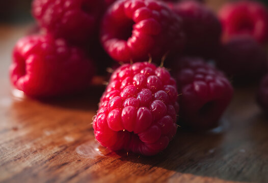 Close-up of fresh, ripe red raspberries