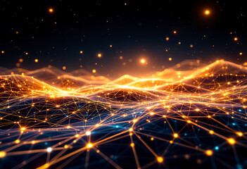 Fototapeta premium Glowing abstract landscape with interconnected lines and points of light, creating a futuristic, technological atmosphere