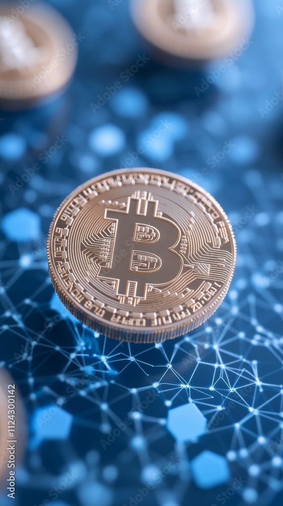 Aufkleber vibrant modern cryptocurrency concept with bitcoin on abstract blue network background