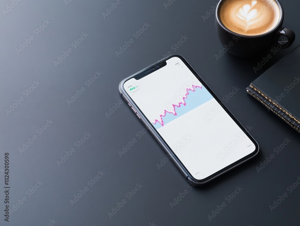 Aufkleber futuristic finance smartphone cryptocurrency app with coffee and notebook on dark background