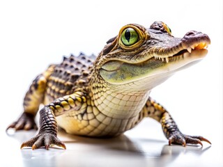Fototapeta premium Baby Crocodile White Background Stock Photo, Young Reptile Isolated, Cute Croc Image, Wildlife Photography