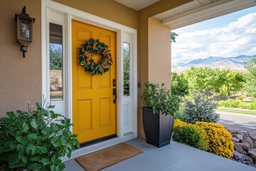 Yellow door adorned with a wreath and sidelight at a Utah home s entrance