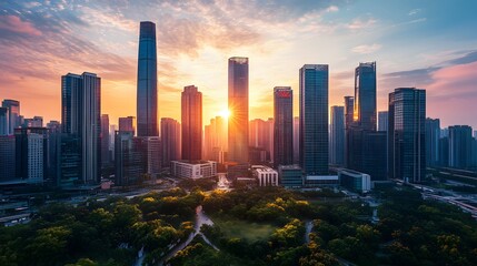 A vibrant city at dawn with skyscrapers bathed in sunlight symbolizing prosperity and opportunities for the future