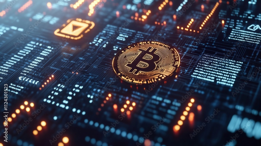 Aufkleber Dynamic Cryptocurrency Symbols and Blockchain Patterns on Dark Blue Background