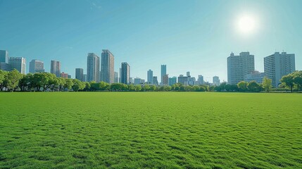 Fototapeta premium Beautiful green lawn with modern buildings in the background, clear blue sky, panoramic view.