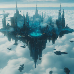 A large, icy, floating city in the sky, with buildings and futuristic ships.

