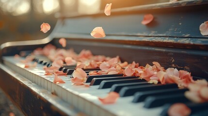 piano; vintage; flowers; white; keys; rustic; music; old; delicate; artistic; nostalgic; decor; close-up; petals; nature; elegant; antique; harmony; romantic; instrument; melody; shabby; wooden; class