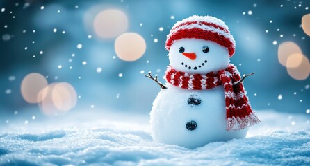 Charming snowman in a winter wonderland setting with soft snowfall and blurred bokeh lights in the background, perfect for holiday-themed visuals and festive decorations.