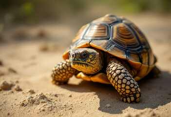 Obraz premium A brown tortoise with a domed shell on a sandy surface