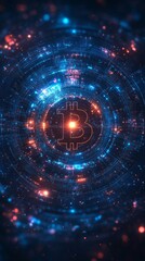 Obraz premium Futuristic Cryptocurrency Flyer with Glowing Bitcoin Symbol and Blue Tech Accents