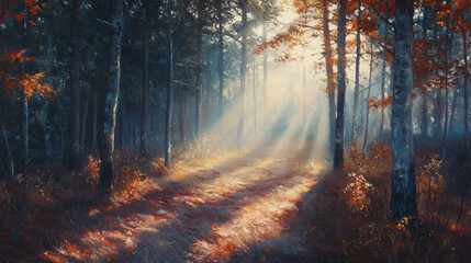 Fototapeta premium Warm autumn morning light breaking through foggy trees, casting shadows on forest floor