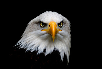 Obraz premium A close-up portrait of a bald eagle with its piercing gaze, perched on a branch against a dark background