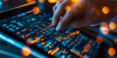 High-Tech Visualization of Cryptocurrency Analytics on Tablet Screen