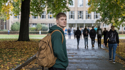 Young Man in Green Hoodie and Brown Backpack Standing on Pathway, Large Building in Distance, Fallen Leaves on Ground, People Walking in Opposite Direction, Campus or Popular Walking Area Ambiance