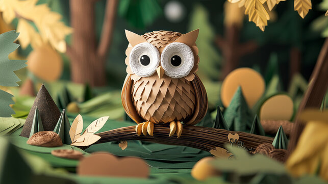 paper mache owl perched on branch in whimsical forest setting