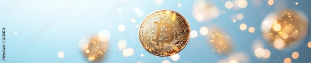 Poster Golden Bitcoin Coin in Digital Network Stream Against a Soft, Glowing Abstract Background