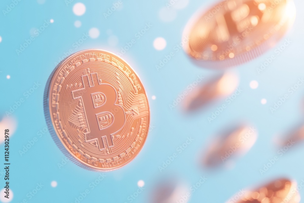 Aufkleber Glowing Bitcoin Coins in Futuristic Digital Space Symbolizing Cryptocurrency and Blockchain Networks