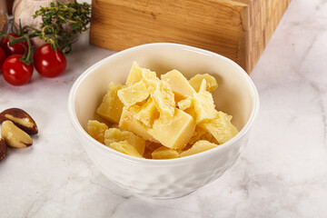 Crushed parmesan cheese in the bowl