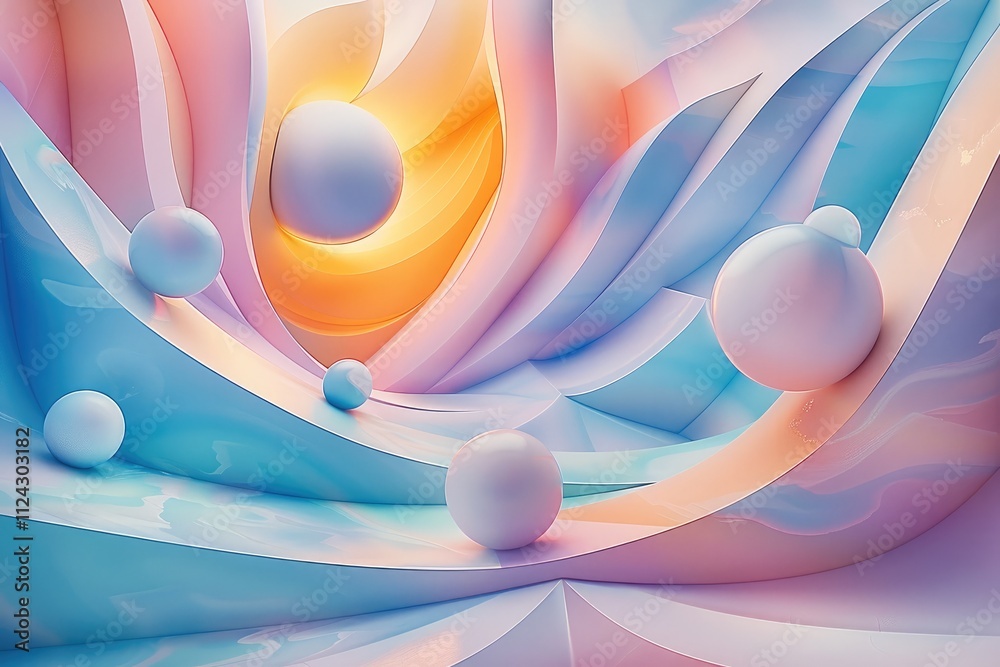 Poster A 3D geometric abstraction with pastel colors, shapes, and spheres, The composition includes soft curves and sharp angles in shades, creating an atmosphere that is both playful and modern.