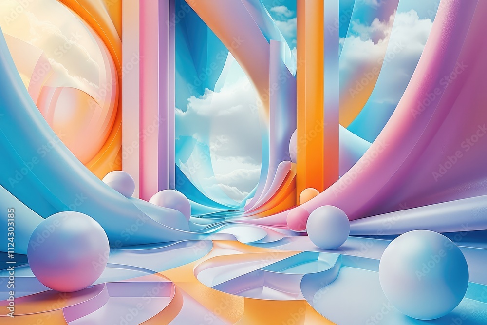 Poster A 3D geometric abstraction with pastel colors, shapes, and spheres, The composition includes soft curves and sharp angles in shades, creating an atmosphere that is both playful and modern.