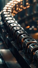 Close-up of a metallic industrial chain or conveyor belt system.