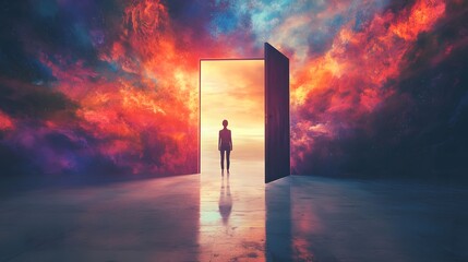 A person standing in front of a giant open door looking out toward a bright, colorful horizon symbolizing new beginnings and opportunities