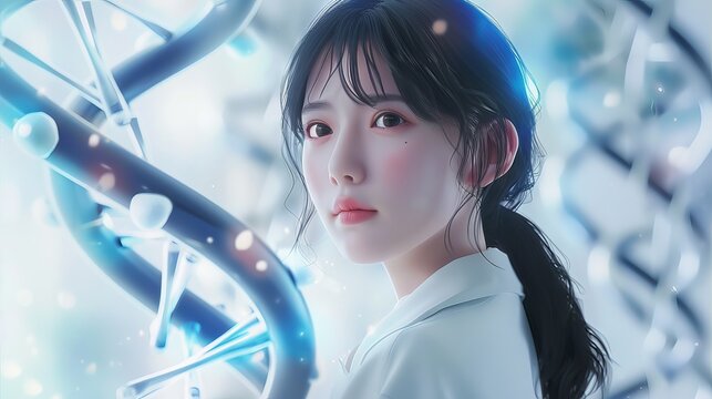 3d illustration of genetic research abstract concept featuring DNA strands, molecular structures, and digital data elements