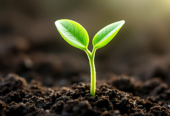 A young green plant sprout emerging from the soil, with two small leaves reaching up towards the light