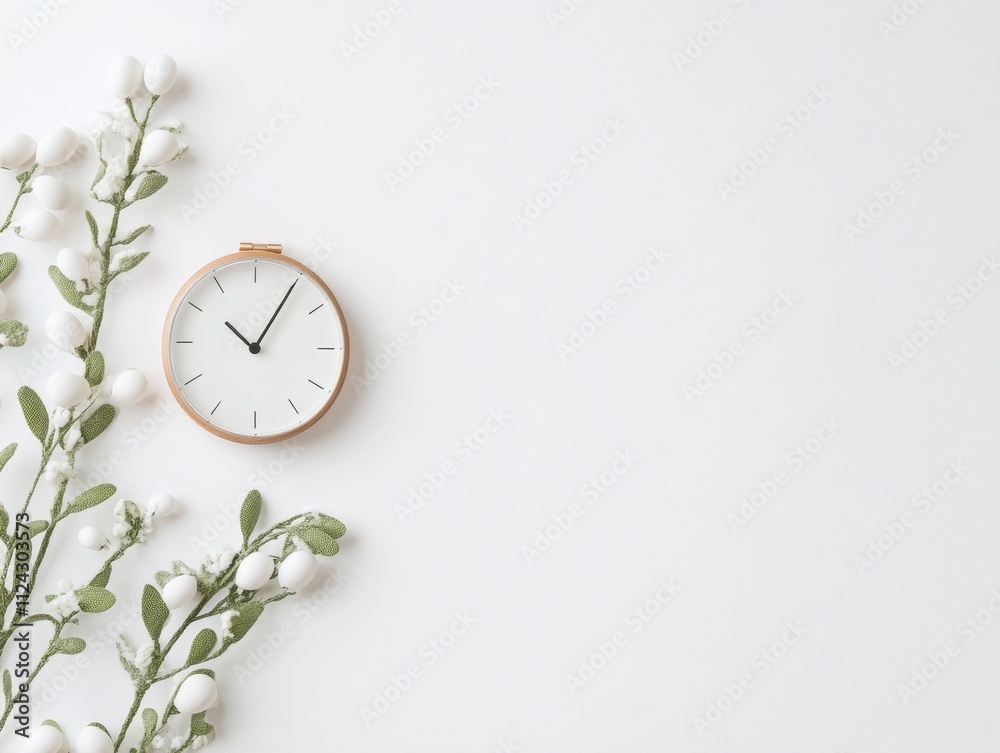 Poster minimalist easter basket elements with watch and festive greenery on white background