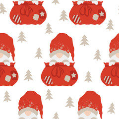Merry Christmas and New Year vector illustration with cute hand drawn scandinavian gnomes in bag seamless pattern isolated on white background. Design for card or poster print, holiday decoration