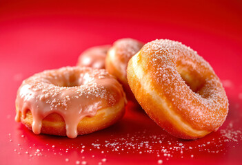 Freshly fried donuts with a sugary coating on a red background