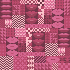 Valentines Day vector illustration with pink lips and bauhaus abstract geometric shapes background. Modern design seamless pattern template for poster, banner, card, flyer, wrapping