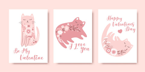 Valentines day vector illustrations set in flat style with cute cats, flowers, letterings isolated on pink background. Love and romantic concept template for Valentine's day card design