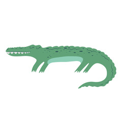 Vector illustration with cute hand drawn green crocodile isolated on white background. Adorable animal design illustration for card, wallpaper, poster, nursery decoration, fabric print