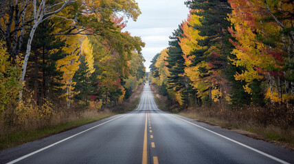 Fototapeta premium Scenic Fall Road Through Vibrant Forest with Yellow, Orange, and Red Leaves, Well-Maintained Smooth Road with White Dividing Lines, Canopy Thinning Towards Distance, Overcast Sky and Cool Crisp 