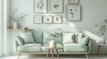A bright living room with a white tea table with wooden legs, next to a light green sofa, white walls with small paintings. light design, minimalism.