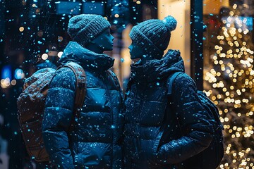Fototapeta premium Serene winter night scene with mannequins in warm coats. A starry sky backdrop and gentle snowflakes create