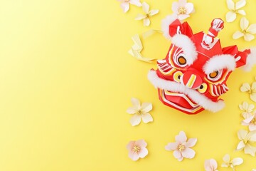 Traditional Red and White Origami Lion Dance Mask on Yellow Background for Cultural Celebrations