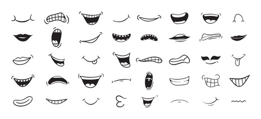 Cartoon mouth happy, smile, sad, angry expression doodle set. Hand drawn mouth, tongue caricature icon. Funny comic mouth collection 