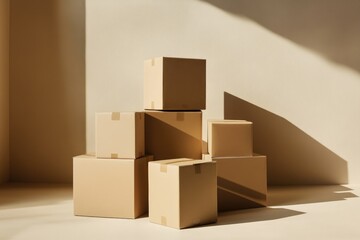 Minimalist Arrangement of Cardboard Boxes with Light and Shadow