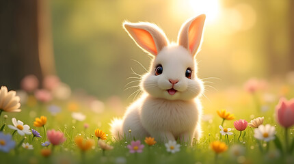 Cute and Playful Bunny Surrounded by Colorful Flowers in a Sunlit Meadow