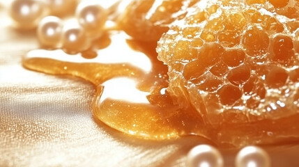 Luxurious Glow: Honey oozing, illuminated by warm golden light and glitter, with pearls and soft bokeh in the background.