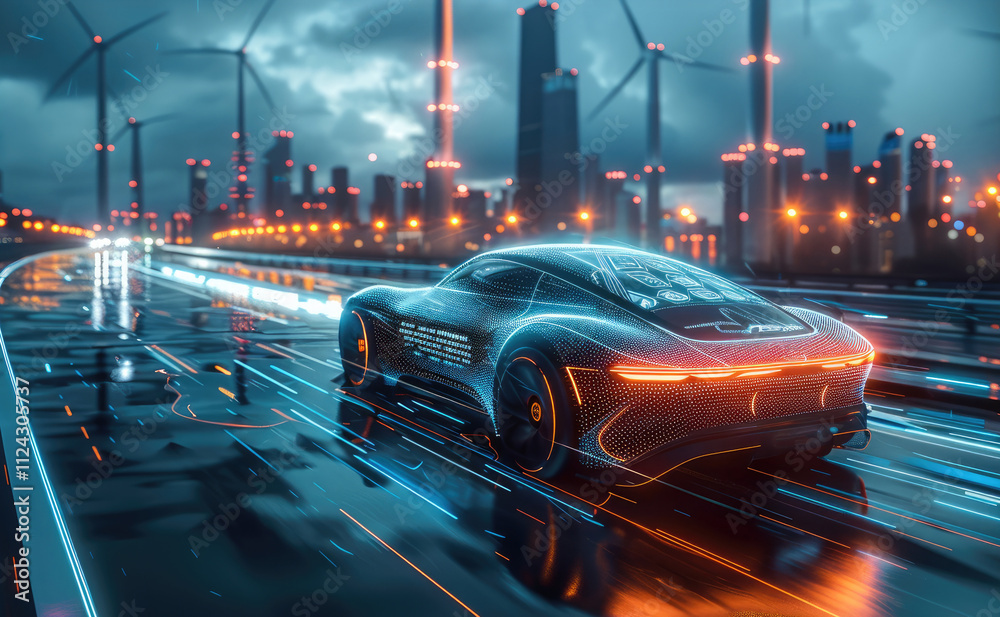 Poster a futuristic electric car is driving on the highway, surrounded by wind turbines and skyscrapers in 