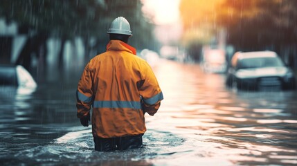 Worker wading through floodwaters city street realistic illustration.