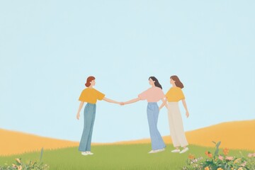 Unity and Friendship: Three Women Holding Hands in a Circle in a Meadow