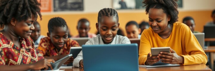 African school children using tablets and laptops in a diverse classroom setting showcasing modern and traditional learning, Africa, learning, technology