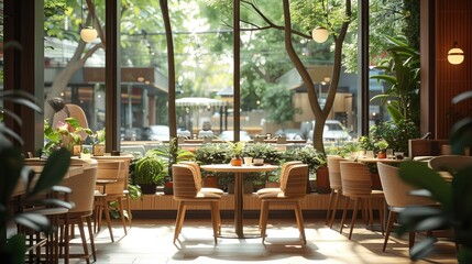 Fototapeta premium A modern Japanese coffee shop, with earthy tones, plush seating, and vibrant greenery. The design features floor-to-ceiling glass, wooden furniture, and soft ambient lighting.